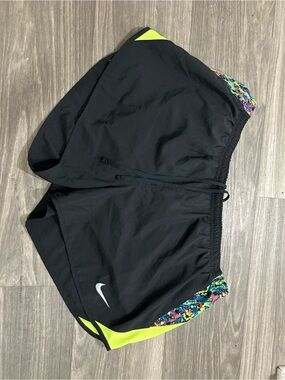 Nike Black Running Shorts with Neon Yellow Panels and Multicolor Trim